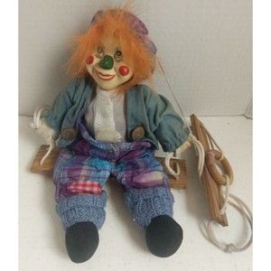 Clown Puppet On A Swing With Strings Figurine Doll 7" Collector